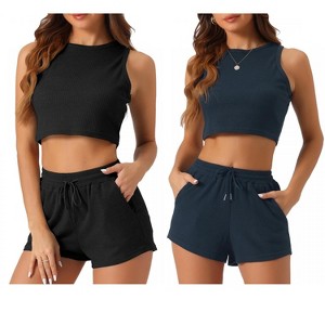 cheibear Women's 2 Pack Waffle Sleeveless Tank Top and Shorts Pajamas 2 Piece Sets - 1 of 4