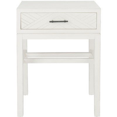 Chevron-Inspired Distressed White Wood & Metal Accent Table with Storage