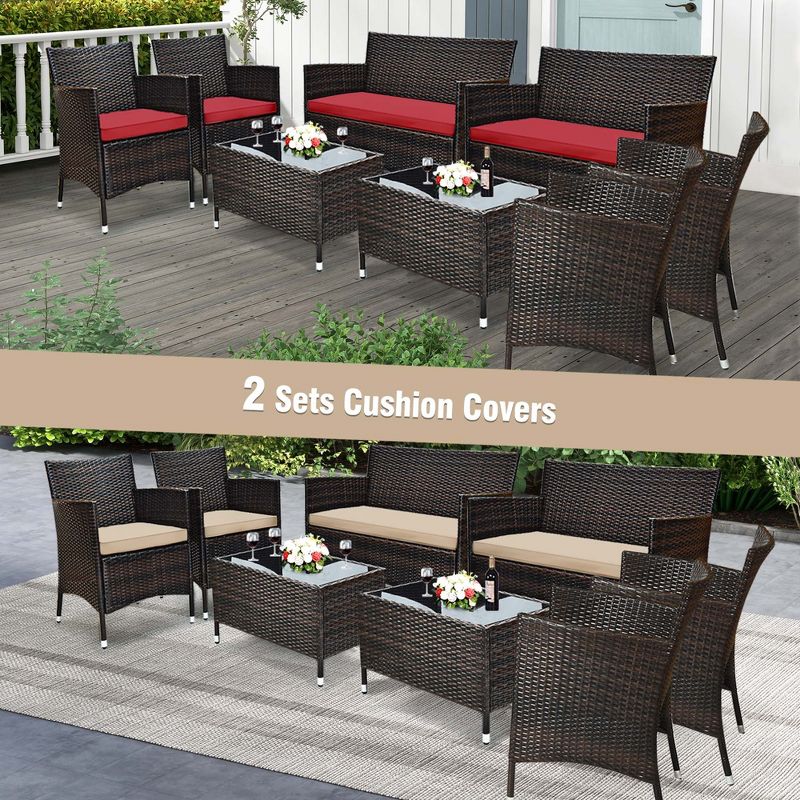Costway 8PCS Patio Wicker Furniture Set Sofa Chair with Brown & Red Cushion Covers Garden, 3 of 10