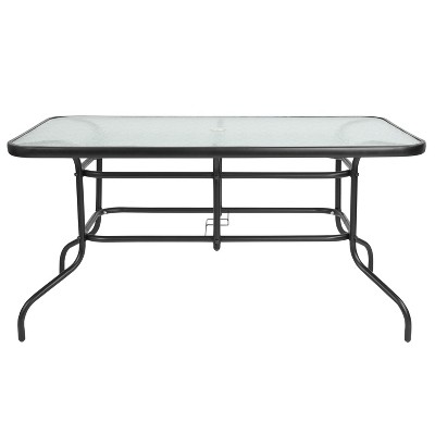 Black Steel Rectangular Patio Table with Glass Top and Umbrella Hole