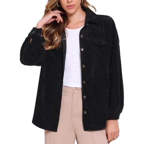 INSPIRE CHIC Women's Button Down Long Sleeve Pointed Collar Corduroy Jacket Medium Black