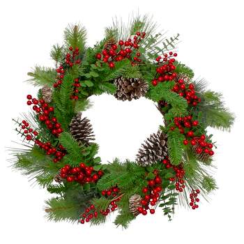Northlight Holly Berries and Snowy Pinecones Artificial Christmas Wreath - 24" - Unlit