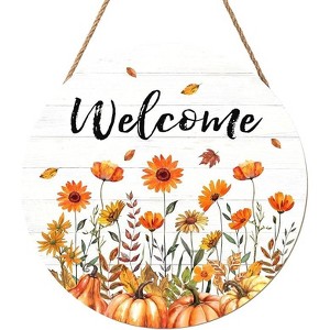 Lomsoe Fall Welcome Sign Fall Floral Wooden Door Hanger Autumn Wreath for Outdoor Outside Porch Decor Farmhouse Flowers Welcome Hanging Sign 8x8Inch - 1 of 1