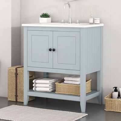 30" Modern Bathroom Vanity with Ceramic Sink, Solid Wood Frame Storage Cabinet with Open Shelf & Door Shelf Design, Tapered Feet - ModernLuxe
