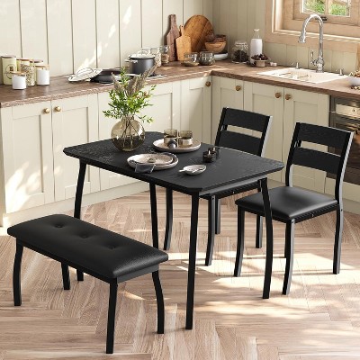 Kitchen Table Set for 4，4-Piece Dining Table with 2 Chairs & PU Upholstered Bench, Cutting Corner Tabletop