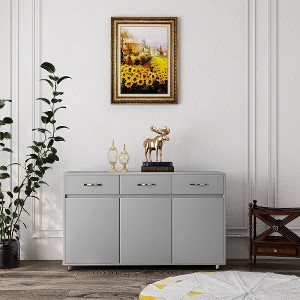 Three Doors Side Table, Grey color cabinet with 3 drawers and 3 doors, 2 different size shelving space - 1 of 4