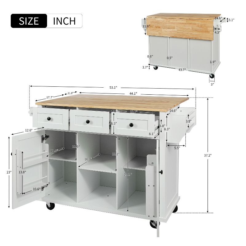 Drop-Leaf Countertop Kitchen Island, Kitchen Cart with 5 Wheels, Storage Cabinet and 3 Drawers-ModernLuxe, 4 of 14