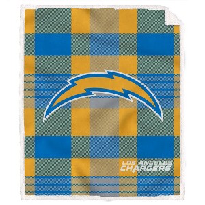 NFL Los Angeles Chargers Plaid Steel Royal Plush Faux Shearling Blanket - 1 of 2