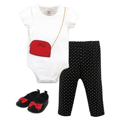 Little Treasure Baby Girls Cotton Bodysuit, Pant and Shoe 3pc Set, Red Purse