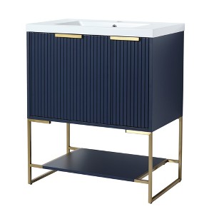 ChicFurnit Bathroom Vanities 30 Inch Freestanding Vanity with Resin Basin and Storage Shelf for Bathroom, Navy Blue, 29.5"*18.1"*35" - 1 of 4