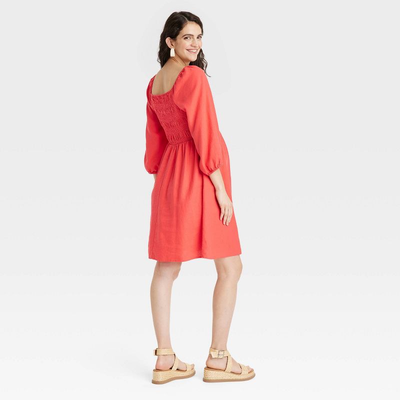 Puff Elbow Sleeve Smocked Linen Mini Maternity Dress - Isabel Maternity by Ingrid & Isabel™ Coral Red, 2 of 4