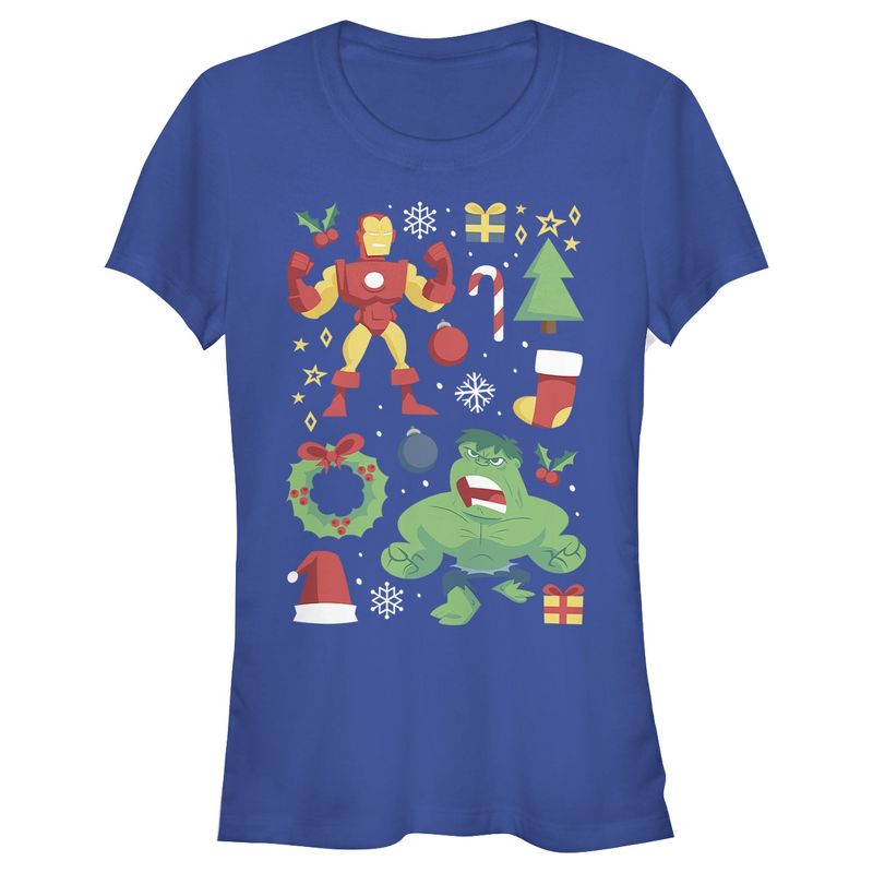 Juniors Womens Marvel Christmas Iron Man & Hulk Cheer T-Shirt, 1 of 4