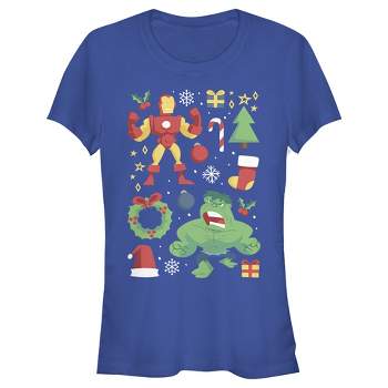 Juniors Womens Marvel Christmas Iron Man & Hulk Cheer T-Shirt