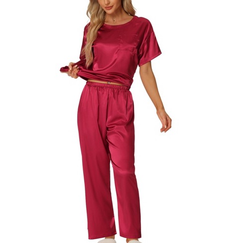 cheibear Womens Satin Pajamas Summer Outfits Short Sleeves Tops with Pants  Silky Lounge Sets Red XX Large