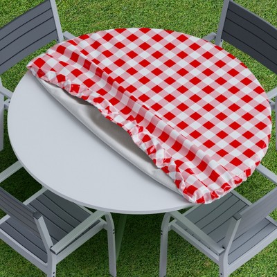 Red and White Checkered Vinyl Round Fitted Tablecloth, 36-inch