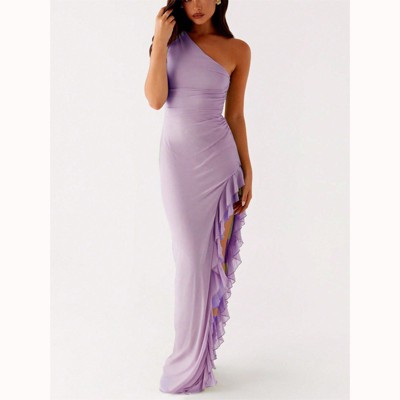 Clotth Women's Asymmetrical Neck Dress - One Shoulder Ruffle Dress, High Split Ruched Maxi Dress, Elegant Purple Evening Gown