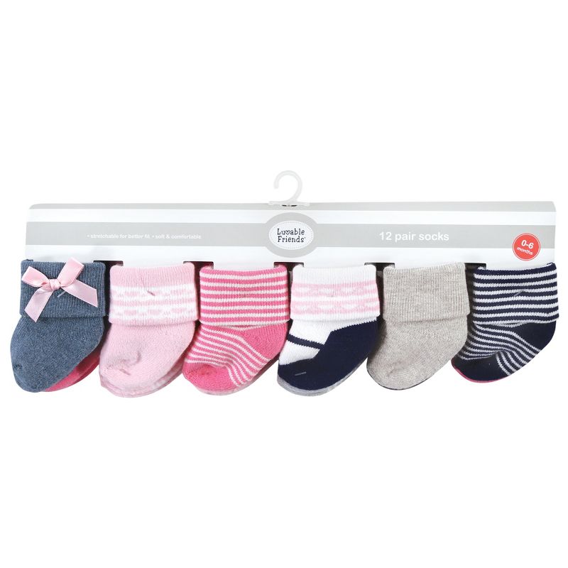 Luvable Friends Infant Girl Newborn and Baby Terry Socks, Pink Scroll, 2 of 9