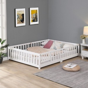 CAVINAS Kids Toddler Bed with Door,Full/Twin/Queen Size Floor Bed with Fence,Montessori Bed for Bedroom Playroom,Brown/White/Gray - 1 of 4
