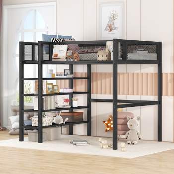Metal Twin Size Loft Bed with 4 Shelves and Storage - ModernLuxe
