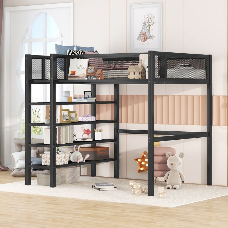 Metal Twin Size Loft Bed with 4 Shelves and Storage - ModernLuxe, 1 of 11