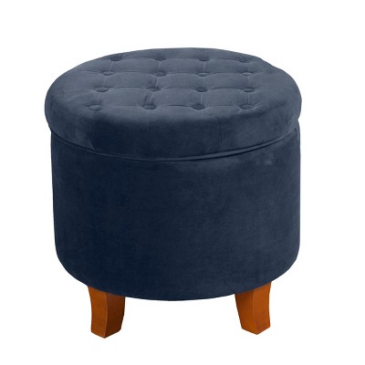 Navy Velvet Round Tufted Ottoman with Rustic Wood Legs