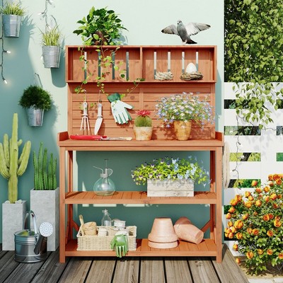 65 Inch Outdoor Potting Bench Garden Potting Table, Wooden Patio Workstation With Shelves Side Table Garden Potting Table
