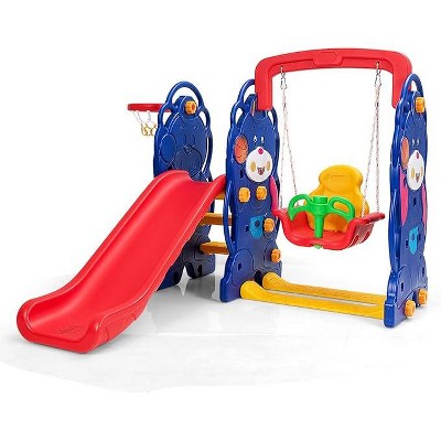 Costzon 4-in-1 Toddler Slide Set, Large Climber Playset with Basketball Hoop, Toss Game, Thickened Panel & Swing for Indoor/Outdoor Ages 3–10