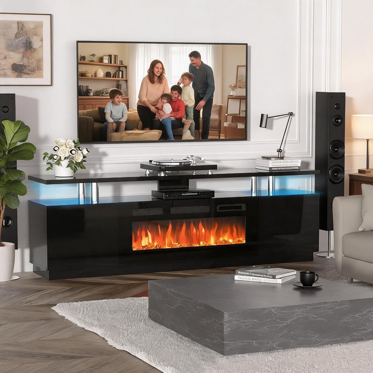 Garvee 80" TV Stand with 36" Elec. Fireplace, 12 Flame, 1500W, for 90" TVs - thumbnail 4