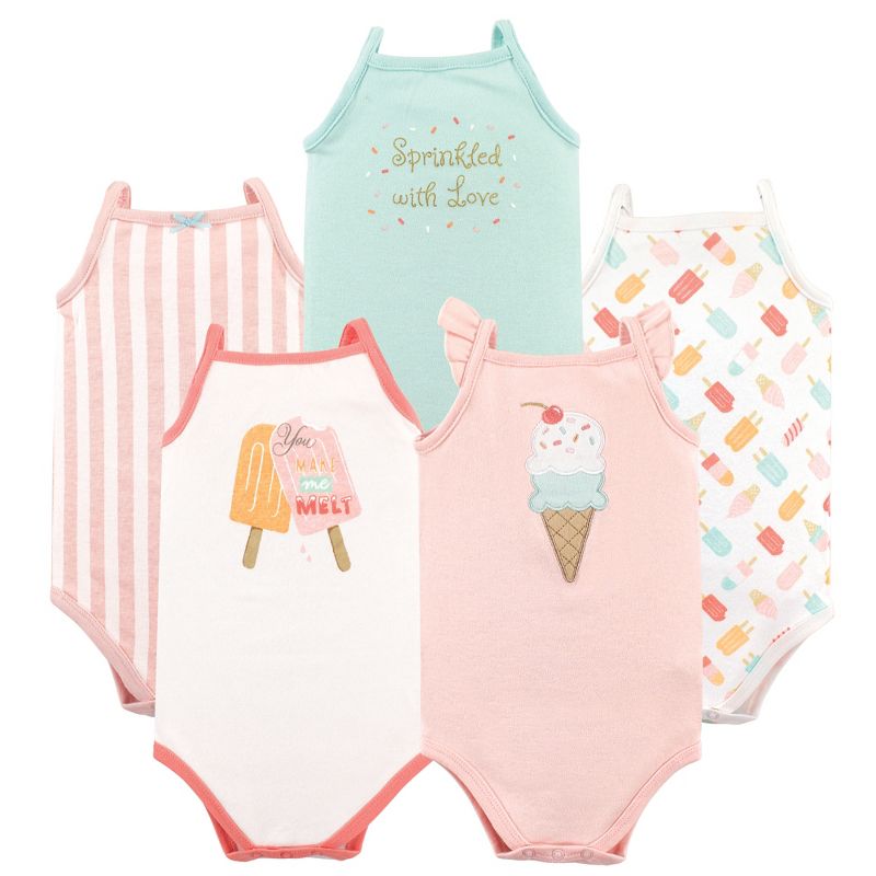 Hudson Baby Infant Girl Cotton Sleeveless Bodysuits 5pk, Ice Cream, 1 of 4