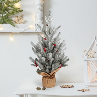 2Ft Mini Pre-Lit Christmas Tree,Snow Flocked Artificial Tree with 50 LED Lights, Table Top Centerpiece Decor for Home Office Desk Holiday