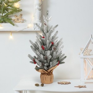 2Ft Mini Pre-Lit Christmas Tree,Snow Flocked Artificial Tree with 50 LED Lights, Table Top Centerpiece Decor for Home Office Desk Holiday - 1 of 4