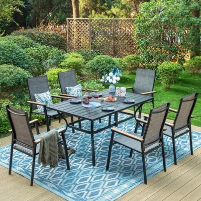 Captiva Designs 7pc Patio Dining Slat-top Rectangle Table & Textilene Chairs with Wood-like Armrests