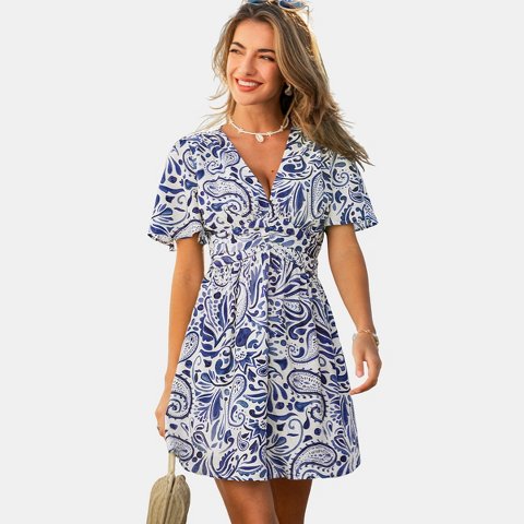 Женские платья Cupshe Women's Breezy Blue Paisley Print Wrap Dress-M-Blue&White