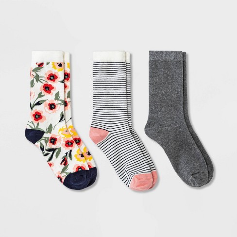Women's Garden Floral Print 3pk Crew Socks - A New Day™ Ivory/gray