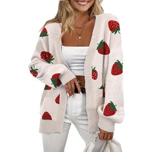 Women's Strawberry Print Cardigan Cute Knitted Open-Front Sweater with Pockets - 1 of 1