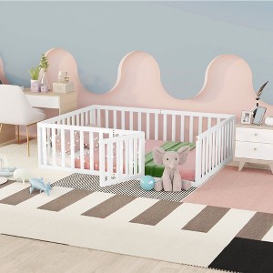 NicBex Twin/Full/Queen Size Kids Montessori Bed with Door,Floor Bed with Fence,Toddler bed for Bedroom Playroom,Walnut/White/Gray/Brown - 1 of 4