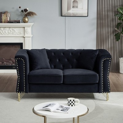60.2'' Velvet Chesterfield Tufted 2-Seater Sofa with Nailhead Trim, Metal Foot and Two Pillows for Living Room