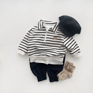 MyKids-USA Baby Cute Bear Embroidered & Striped Pattern Polo Neck Cotton Hoodies - 1 of 4