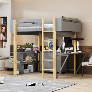 Twin/Full Size Wood Loft Bed with Built-in Storage Cabinet and Cubes, Foldable desk, White/Gray, 4A -ModernLuxe - 1 of 4