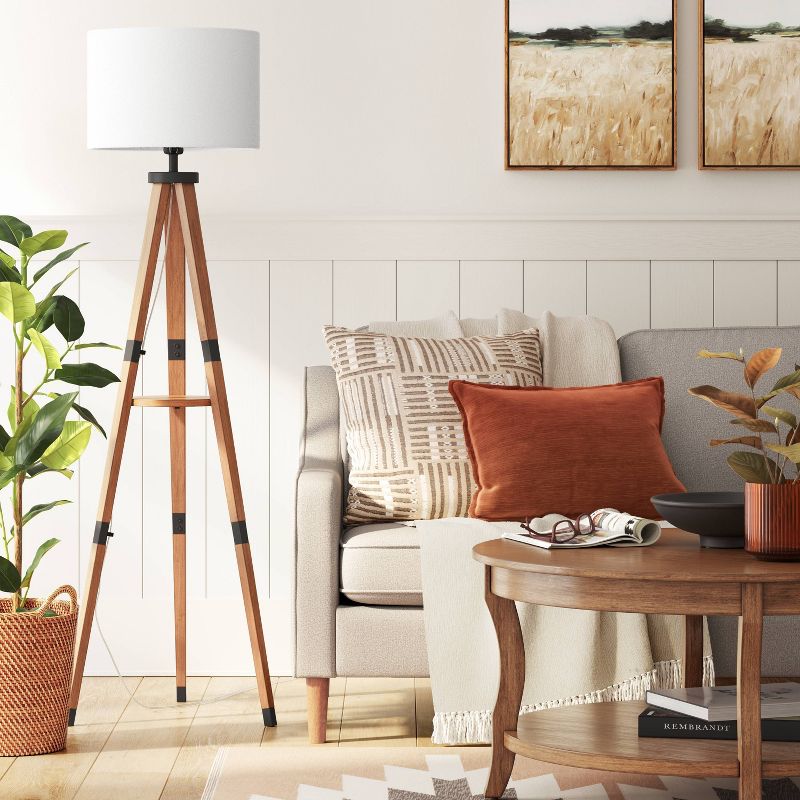 Tripod Floor Lamp with Shelf Brown Wood - Threshold™, 3 of 8