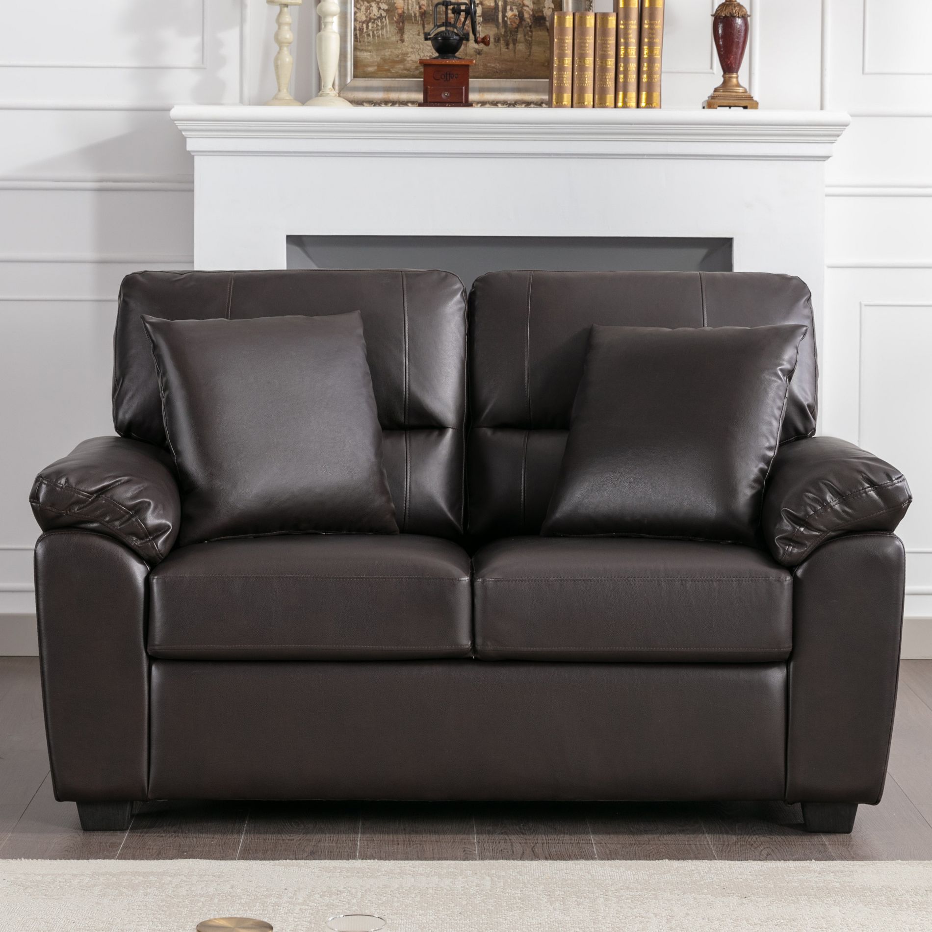 Chocolate Black Faux Leather Loveseat Upholstered 2-Seater Sofa Couch with Pillows-Morden Fort