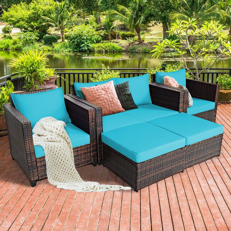 Costway 5PCS Patio Rattan Furniture Set Loveseat Sofa Ottoman Cushioned Red\White, 1 of 11