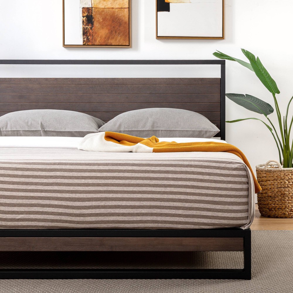 King Suzanne Metal and Bamboo Platform Bed Frame with Headboard Gray Wash - Zinus