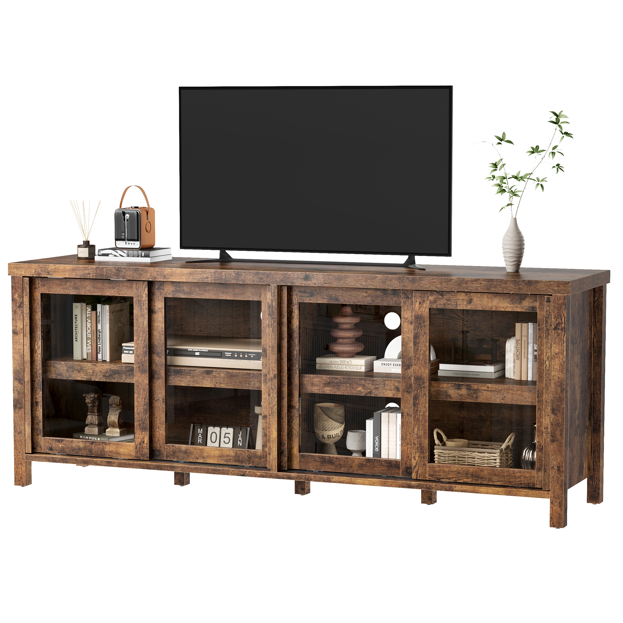 Garvee TV Stand for 65 Inch, Entertainment Center with Storage Cabinet and 4 Sliding Glass Doors, Console Table for Living Room Bedroom, Retro Brown