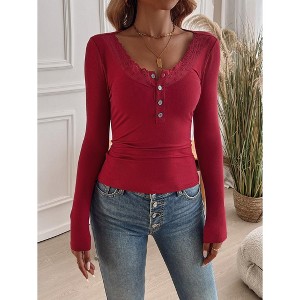 Womens Tops Ribbed Button Detail Lace Trim U Neck Long Sleeve Knit Top - 1 of 4