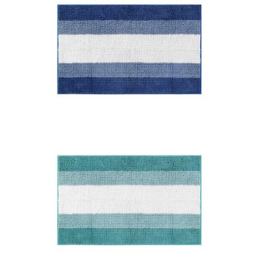 Unique Bargains Chenille Fluffy Striped Extra Soft Absorbent With Non-Slip Backing Bath Floor Mats 2 Pcs