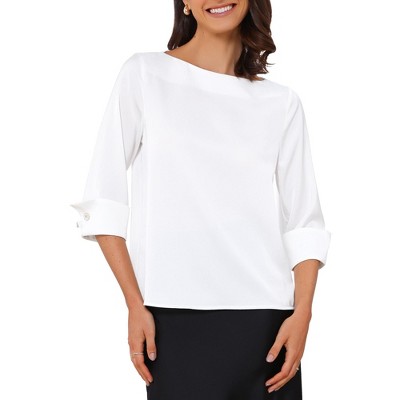INSPIRE CHIC Women's Satin Dressy 3/4 Sleeve Boat Neck Work Blouse