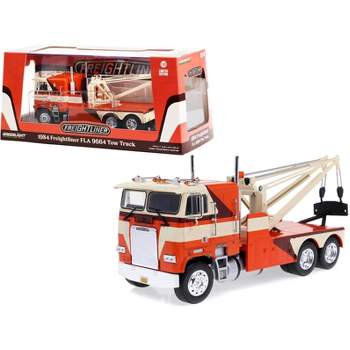 1984 Freightliner FLA 9664 Tow Truck Orange and White with Brown Graphics 1/43 Diecast Model Car by Greenlight