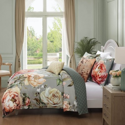 Blush and Sage Floral Queen Cotton Reversible Comforter Set