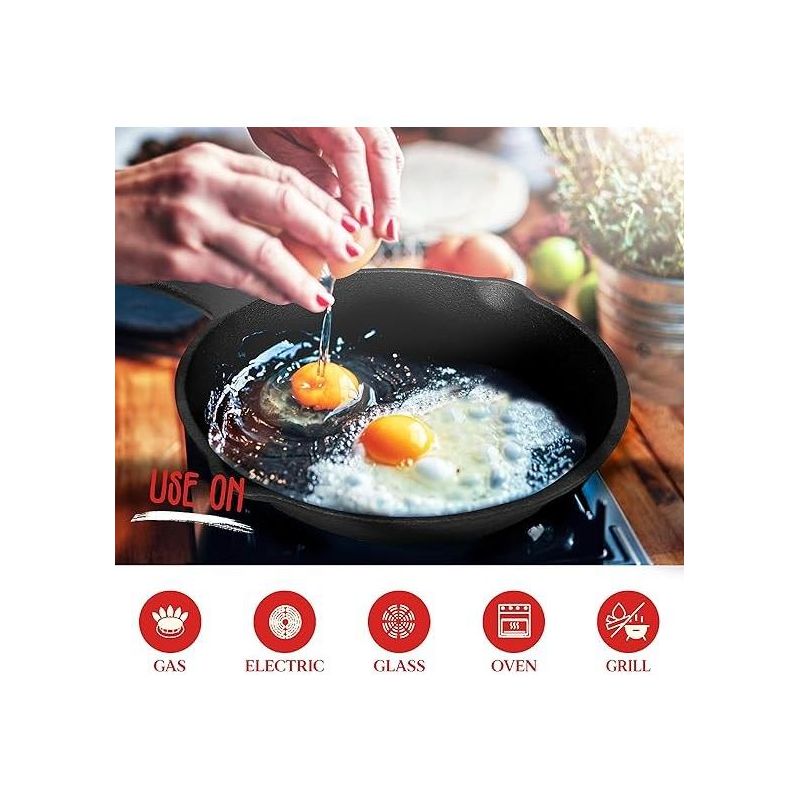 NutriChef 3pc Kitchen Skillet Pans - Pre-Seasoned Iron Skillet Cooking Pan Set with Scraper, 4 of 7
